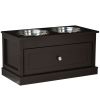 Double Elevated Dog Bowls for Large Dogs, Raised Dog Feeding Station with 2 Stainless Steel Bowls, Storage Drawer & Wood Stand for Cats, Brown